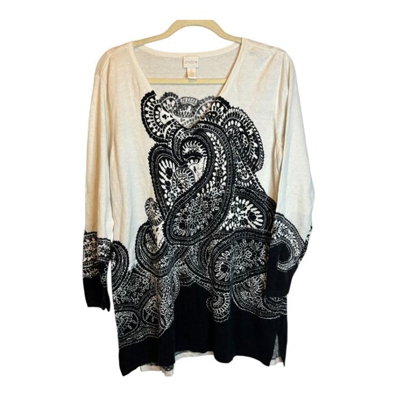 Chico's Sweater Women's Size Large Swirls Paisley Black White Chicos‎ 2 - Picture 1 of 4